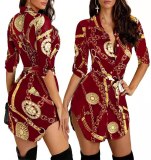 Autumn Mini Shirt Dress Women New Print Ladies Sexy V Neck Dresses 61324