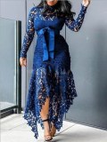 Women's Lace Hollow Long-Sleeve Stand-Up Lace Irregular Dresses  SC825364