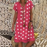 Women Short Sleeve Polka Dots V Neck Length Dress Dresses SC-887182