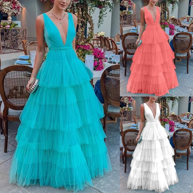Party Night Sexy Women Deep V-Neck Mesh Cake Sleeveless Club Dresses SC117889