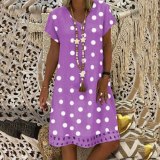 Women Short Sleeve Polka Dots V Neck Length Dress Dresses SC-887182