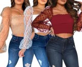 Fashion Women Ladies Long Sleeve Off Shoulder Cropped Tops J6129310