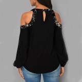 Women Stitching Feather Print Off Shoulder Long Sleeve T-Shirt Tops ZTD-S-02233