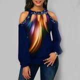 Women Stitching Feather Print Off Shoulder Long Sleeve T-Shirt Tops ZTD-S-02233