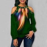 Women Stitching Feather Print Off Shoulder Long Sleeve T-Shirt Tops ZTD-S-02233