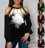Women Stitching Feather Print Off Shoulder Long Sleeve T-Shirt Tops ZTD-S-02233