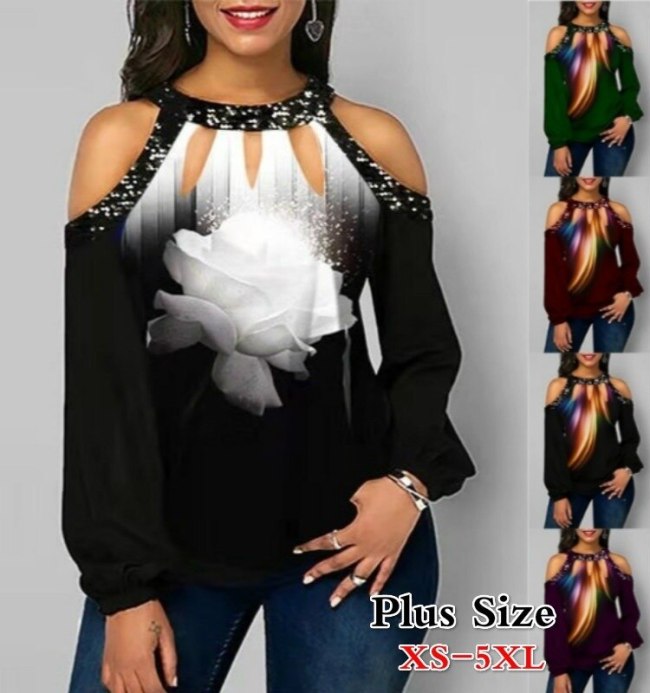 Women Stitching Feather Print Off Shoulder Long Sleeve T-Shirt Tops ZTD-S-02233