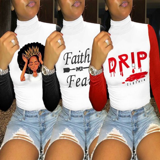 White Long Sleeve Lip Print T Shirt Women Tops 2806071