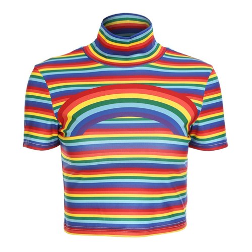 Women Sweet Rainbow Striped Print Short Sleeves O-Neck Tops B20213