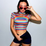 Women Sweet Rainbow Striped Print Short Sleeves O-Neck Tops B20213