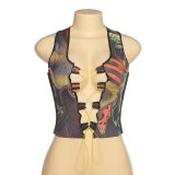 Printed Cut Out Lace Up Cropped Autumn Ladies Vest Tops T173862738