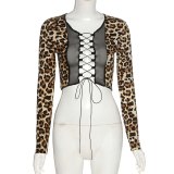 Women's Long Sleeve Sexy V Neck Strap Leopard Print T Shirt Tops B46071
