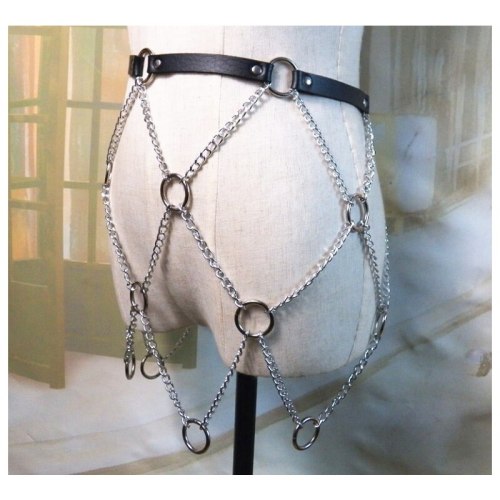Women Fashion Punk Waist Faux Leather Rock Belt With Metal Chains ZJ007889