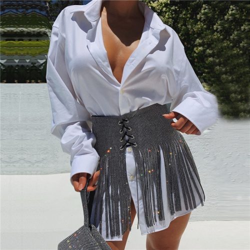 Sexy Women Silver Sequins Tassel Skirts