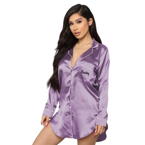 Letter Long Sleeve Shirt Silk Satin Lady Sexy Pajamas Q75869