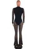 Sexy Women Mesh Striped Print Slim Bodysuits Bodysuit Outfit Outfits LM93647
