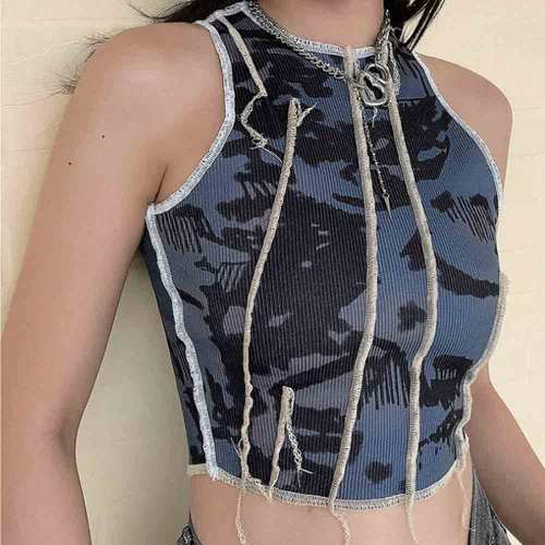 Patchwork Striped Sleeveless Skinny Crop Tops T173844253