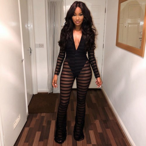 Sexy Women Mesh Striped Print Slim Bodysuits Bodysuit Outfit Outfits LM93647