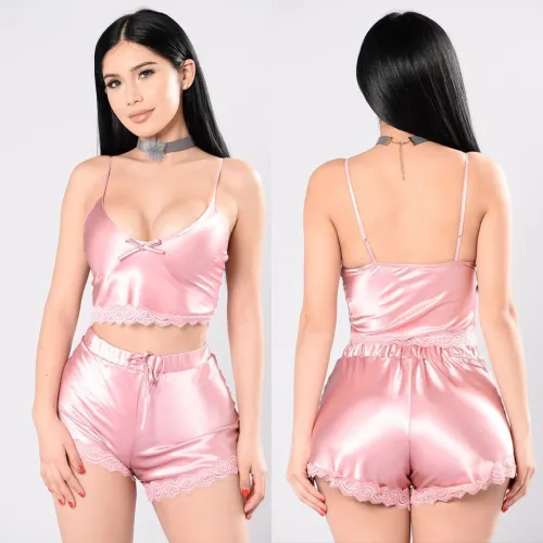 Women Two Piece Satin Rayon Silk Lace Backless Pajamas 8339410