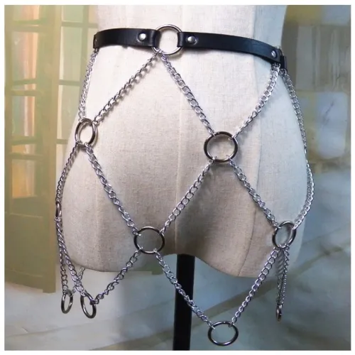 Women Fashion Punk Waist Faux Leather Rock Belt With Metal Chains ZJ007889