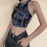 Patchwork Striped Sleeveless Skinny Crop Tops T173844253