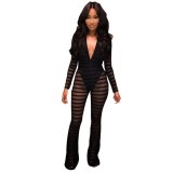 Sexy Women Mesh Striped Print Slim Bodysuits Bodysuit Outfit Outfits LM93647