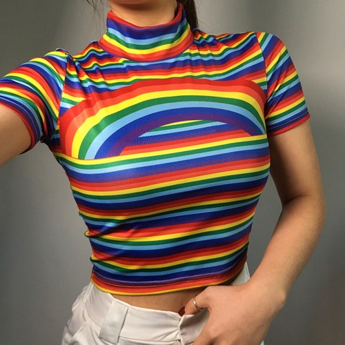 Women Sweet Rainbow Striped Print Short Sleeves O-Neck Tops B20213