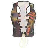 Printed Cut Out Lace Up Cropped Autumn Ladies Vest Tops T173862738