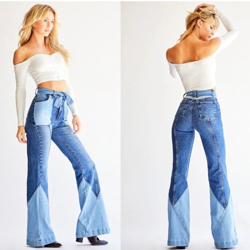 Women Vintage Two Tone Patchwork Jeans Pant Pants 906273