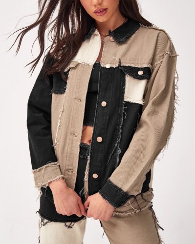 Fashion Khaki Patchwork Jeans Jacket Coat Coats LY0071829
