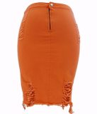 Women Fashion High Waist Bandage Ripped Hole Denim Skirts 601122