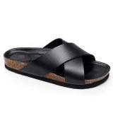 Fashion Men Beach Cross Cork Slippers Outside Leather Slides 12031A