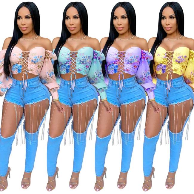 Women Lace Up Off Shoulder Coat  Shirts Classic Crop Tops C365566