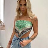 Green Print Strap Women Beach Tops 607 60819