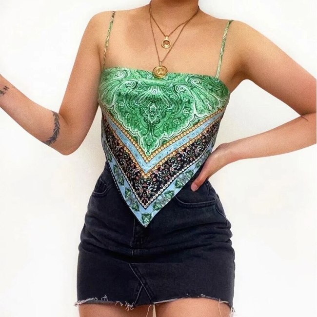 Green Print Strap Women Beach Tops 607 60819