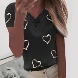 Fashion Women T-shirts Hearts Print V-neck Tops C700112