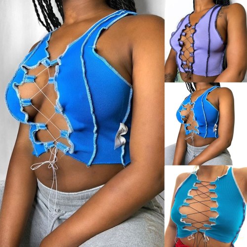 Women Sexy Bandage Cut Out Hole Crop Tops T20AA1425K