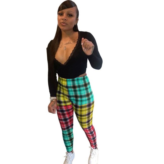 Women Fashion Plaid Pencil Pants K0819