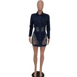 Sexy Frayed Hole Single Breasted Pockets Denim Dresses F814556