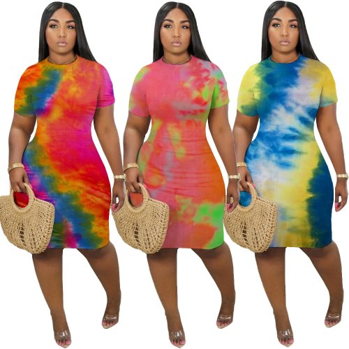 Sexy Women Tie Dye Print O-Neck Party Pencil Dresses Z03142