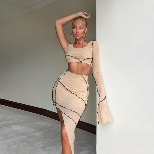 Sexy Women Sheer Mesh Top and Midi Skirts S173851223