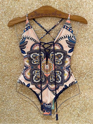 Women Vintage Print Bandage Hollow Out Swimsuits 298109