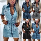 Women Fashion Short Sleeve Denim Bandage Jeans Dresses W0004758