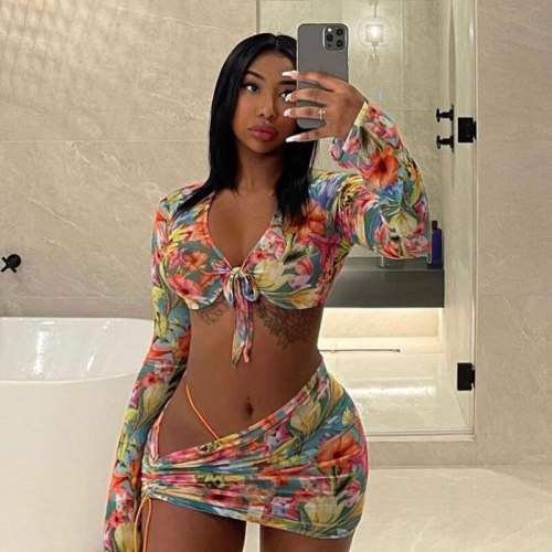 Print Women Summer V-Neck Bodysuit Outfit Outfits Q21ST13142