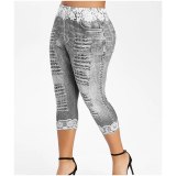 Lace Waist Fake Denim Jeans Print Women Stretch Pencil Pants E5T36677