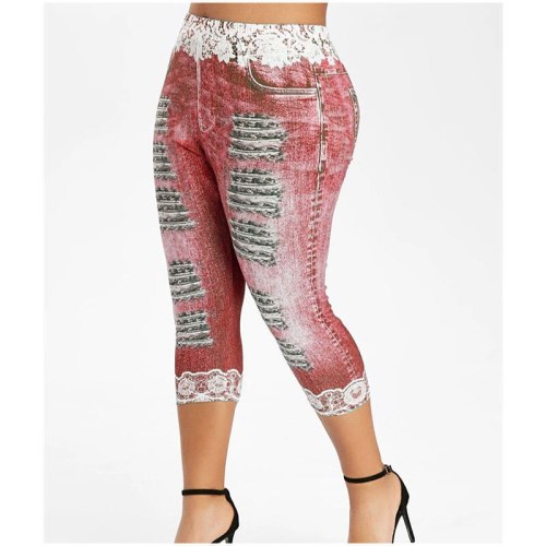 Lace Waist Fake Denim Jeans Print Women Stretch Pencil Pants E5T36677