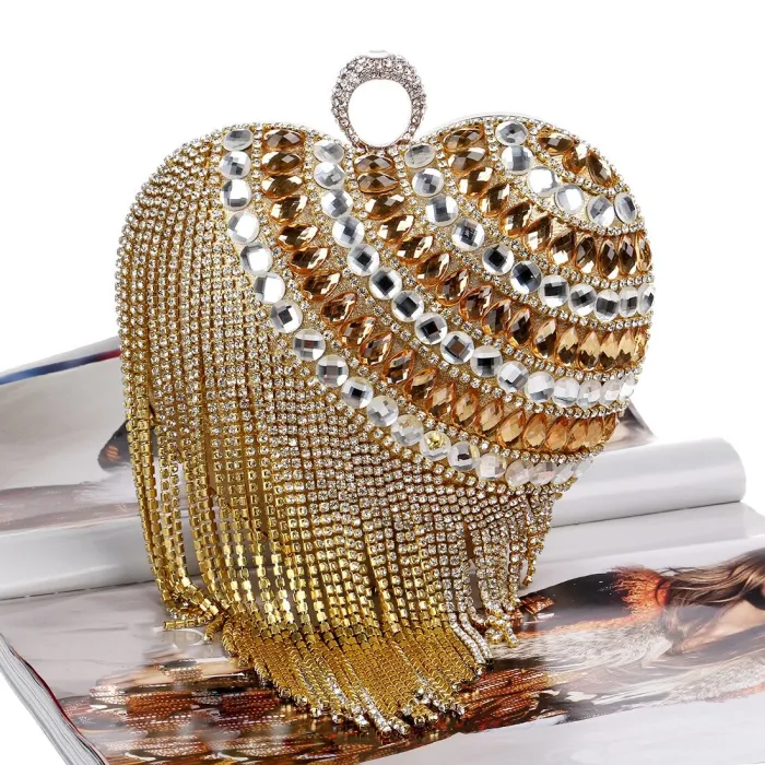Rhinestone Tassel Evening Clutch Women Heart Diamond Handbags YM116071