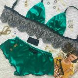 Women 2 PCS Lace Satin Silk Pajamas Lingeries Underwear 68697