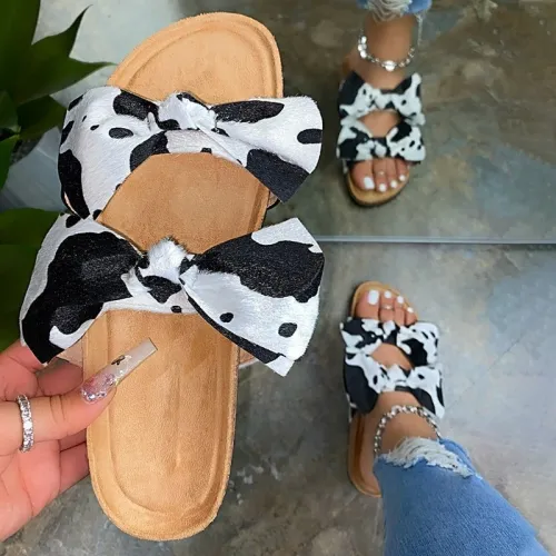 Women Cow Bow Tie Dye Rainbow Fashion Slides 61829