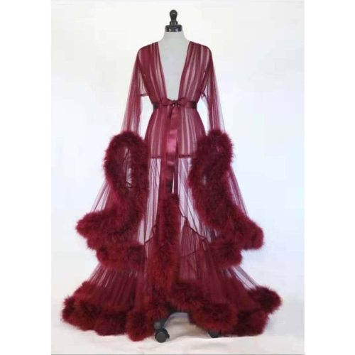 Women Bridal Robe Perspective Sexy Lave Feather Dresses